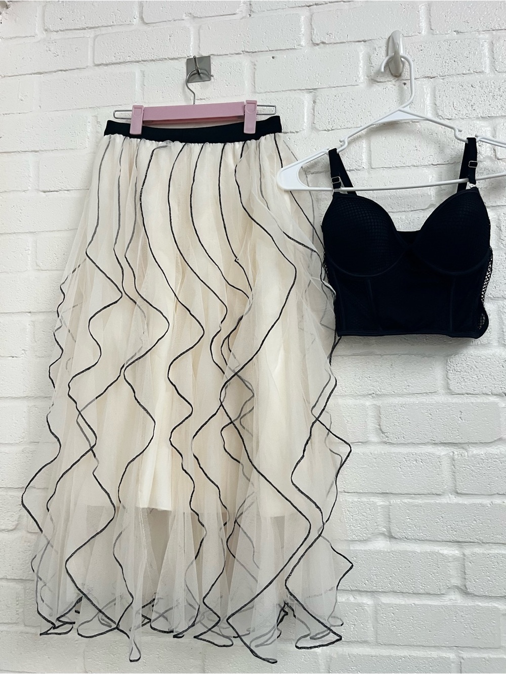 Ivory Maxi Skirt with Black Wave Ruffle  Trim and corset